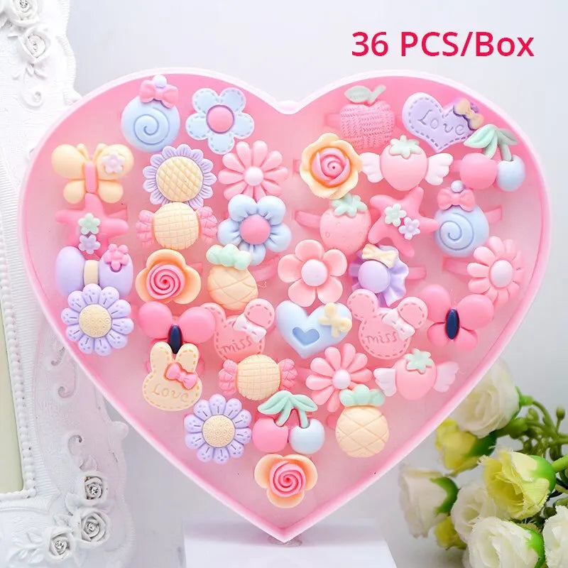 36pcs kids cute rings resin cartoon jewelry flower shape adjustable ring set creative accessories girl gifts