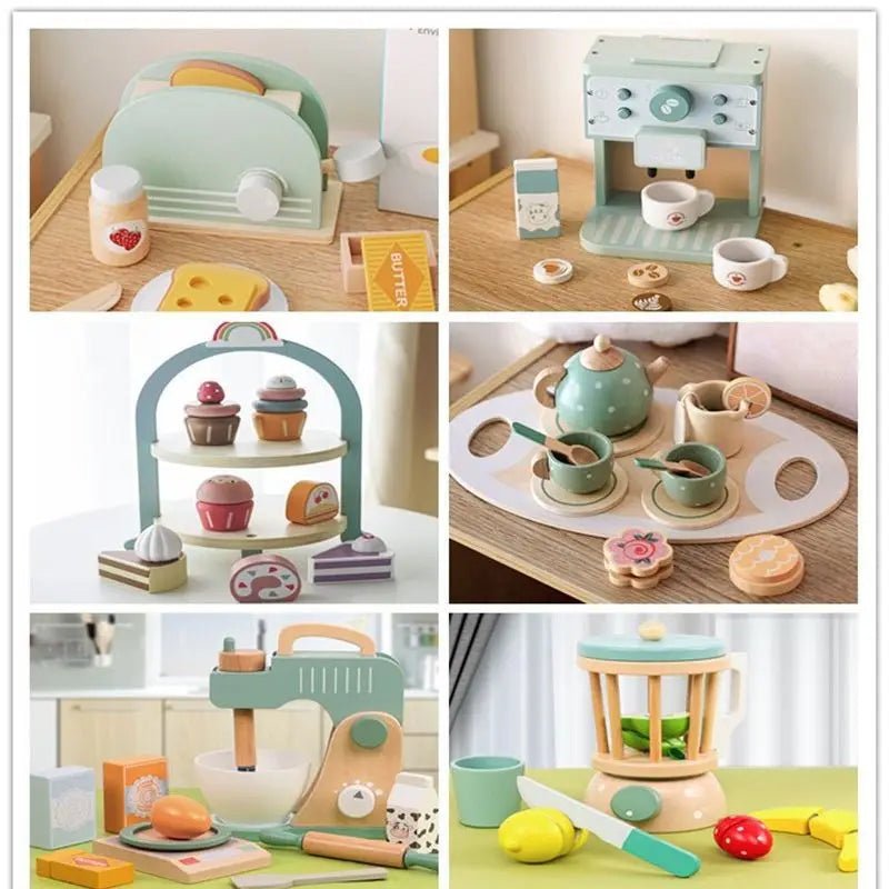 Wooden Pretend Play Set High Tea Set Toys Kitchen Playset Ice Cream Cake Toy for Kids Girls Boys Educational Toys Children Gifts | Tesoro Dolls