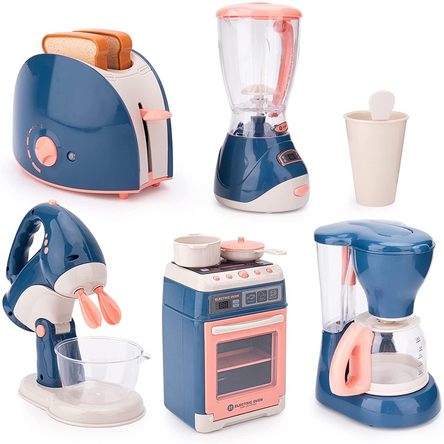 Mini Household Appliances Kitchen Toys, Pretend Play Set with Coffee Maker Blender Mixer and Toaster for Kids Boys Girls Gifts | Tesoro Dolls