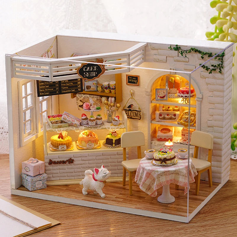 Kitten Mini Wooden Doll House Model Building Kits Toy Home Kit Creative Room Bedroom Decoration with Furniture For Birthday Gift | Tesoro Dolls