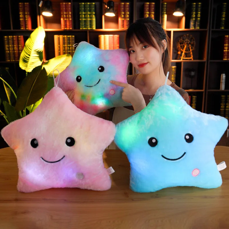 Almohada luminosa de juguete creativo de 34 cm, suave peluche brillante con estrellas de colores, cojín con luz LED, juguetes de regalo para niños y niñas