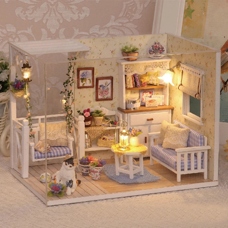 Kitten Mini Wooden Doll House Model Building Kits Toy Home Kit Creative Room Bedroom Decoration with Furniture For Birthday Gift | Tesoro Dolls