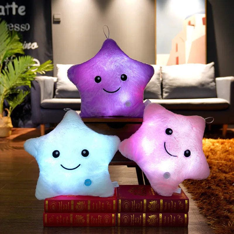Almohada luminosa de juguete creativo de 34 cm, suave peluche brillante con estrellas de colores, cojín con luz LED, juguetes de regalo para niños y niñas