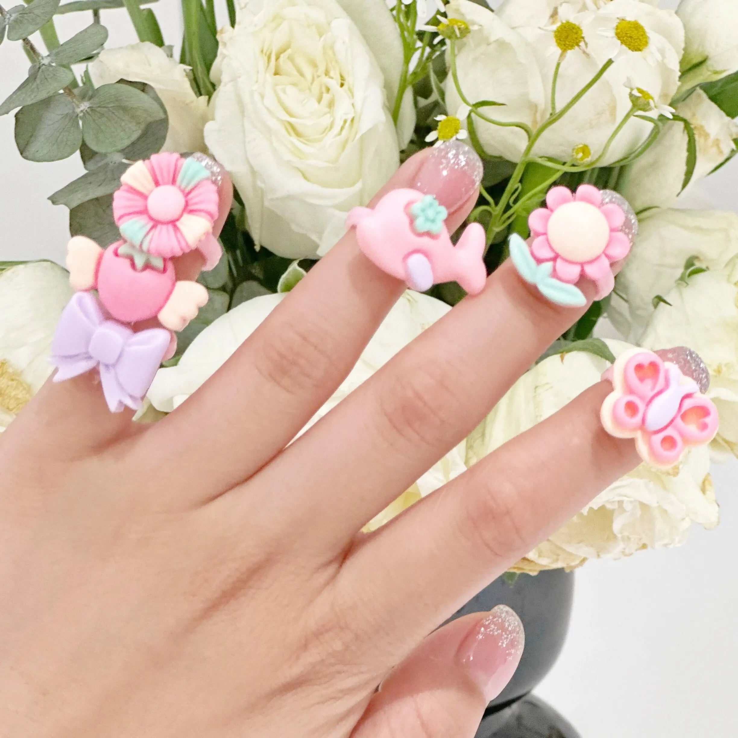 36pcs kids cute rings resin cartoon jewelry flower shape adjustable ring set creative accessories girl gifts