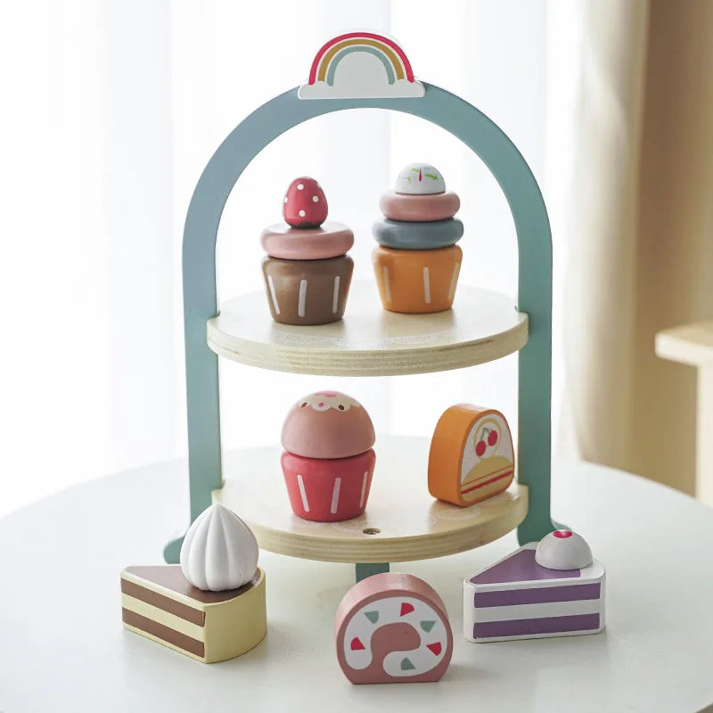 Wooden Pretend Play Set High Tea Set Toys Kitchen Playset Ice Cream Cake Toy for Kids Girls Boys Educational Toys Children Gifts | Tesoro Dolls