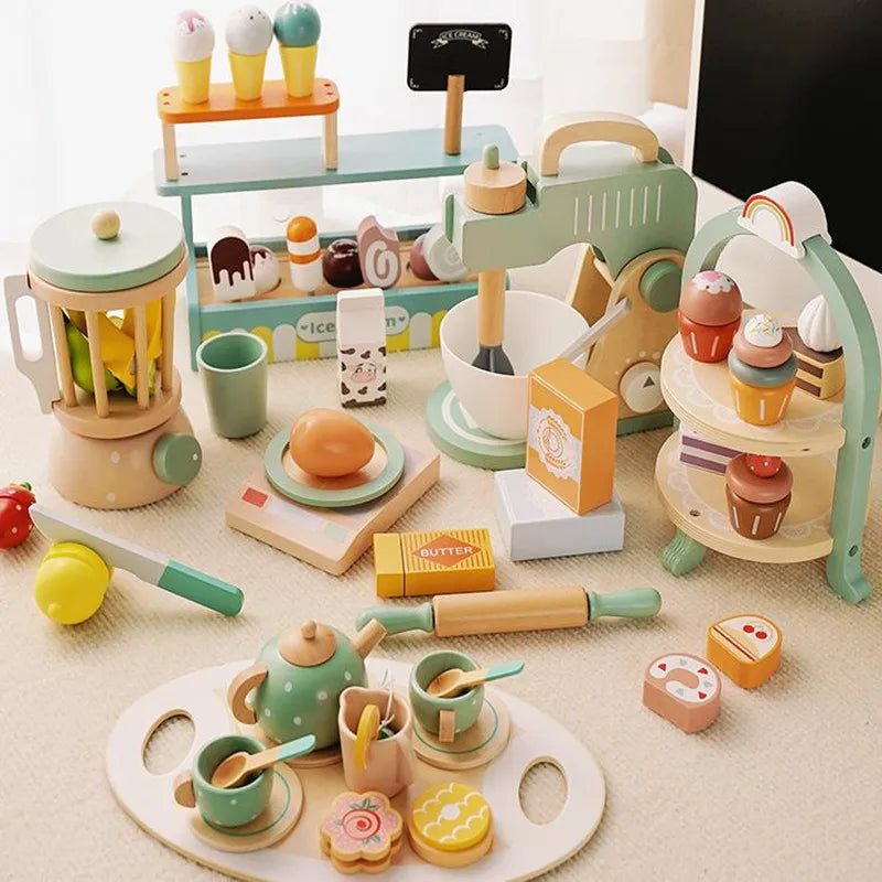 Wooden Pretend Play Set High Tea Set Toys Kitchen Playset Ice Cream Cake Toy for Kids Girls Boys Educational Toys Children Gifts | Tesoro Dolls