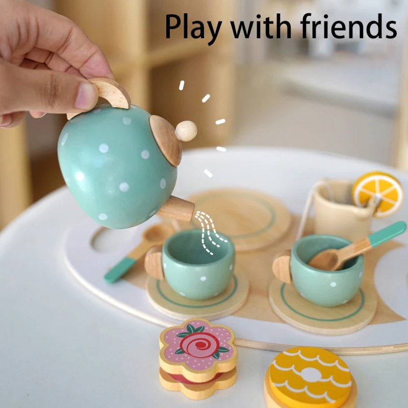 Wooden Pretend Play Set High Tea Set Toys Kitchen Playset Ice Cream Cake Toy for Kids Girls Boys Educational Toys Children Gifts | Tesoro Dolls