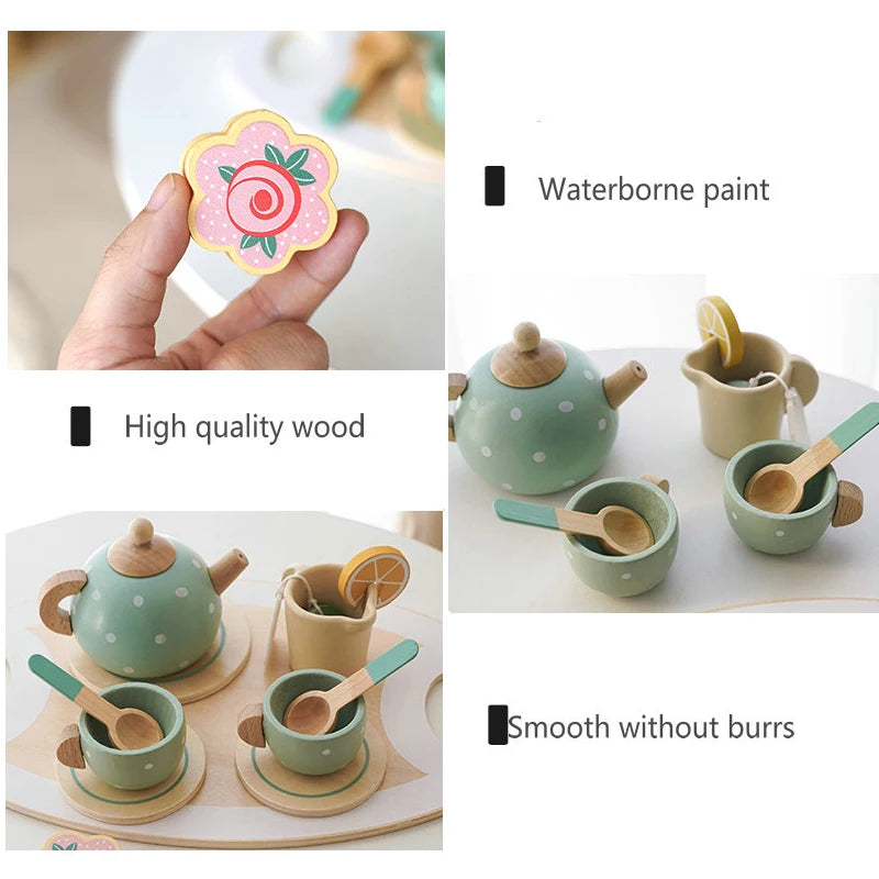 Wooden Pretend Play Set High Tea Set Toys Kitchen Playset Ice Cream Cake Toy for Kids Girls Boys Educational Toys Children Gifts | Tesoro Dolls