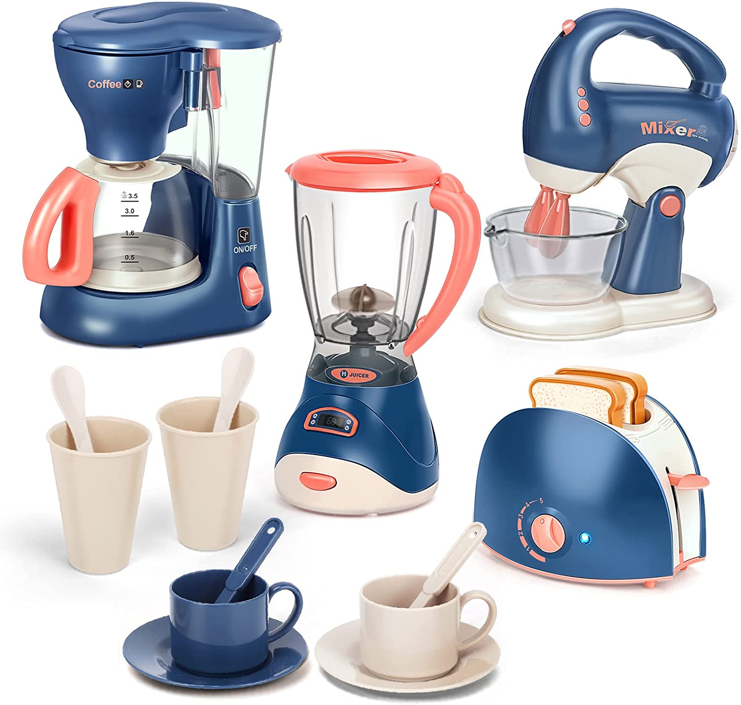 Mini Household Appliances Kitchen Toys, Pretend Play Set with Coffee Maker Blender Mixer and Toaster for Kids Boys Girls Gifts